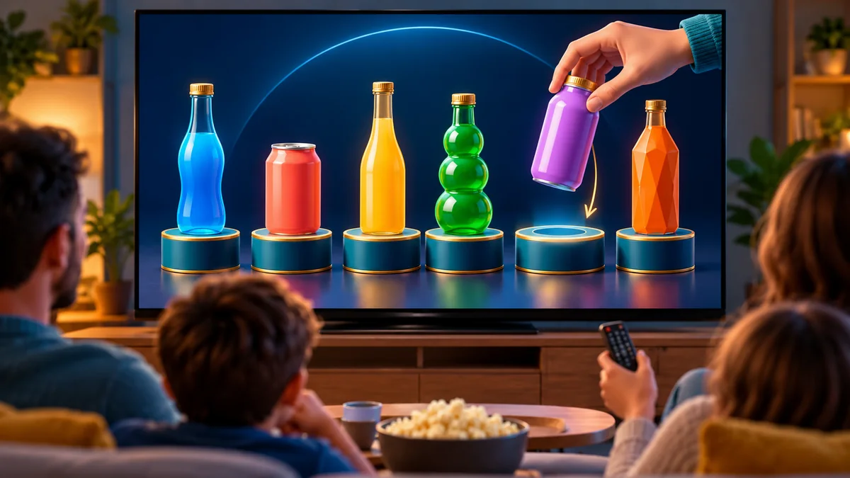 Colorful bottles being arranged on numbered stands on a TV as a family considers the hidden sequence puzzle