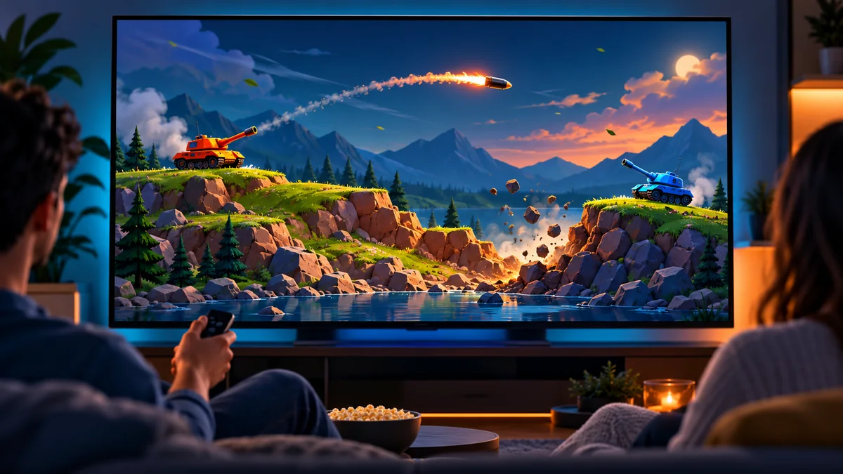 Two colorful tanks trade artillery fire across a destructible hillside on a living-room TV during family game night