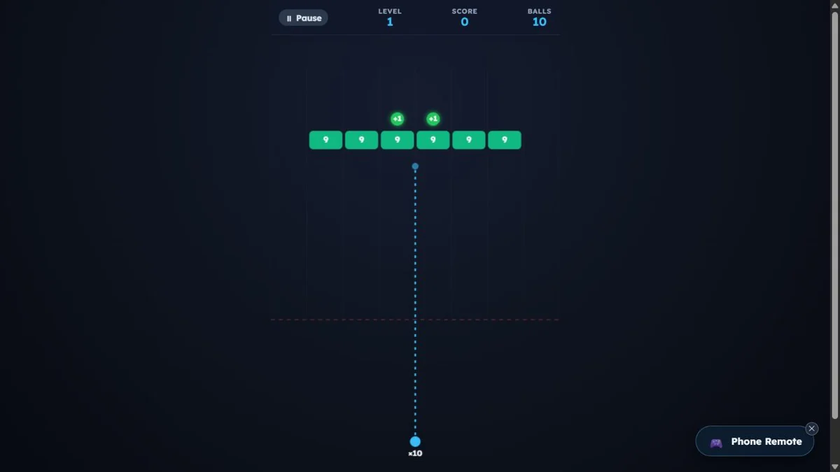 Actual Bricks and Balls Crusher first level showing numbered bricks, a dotted aiming path and the ball launcher