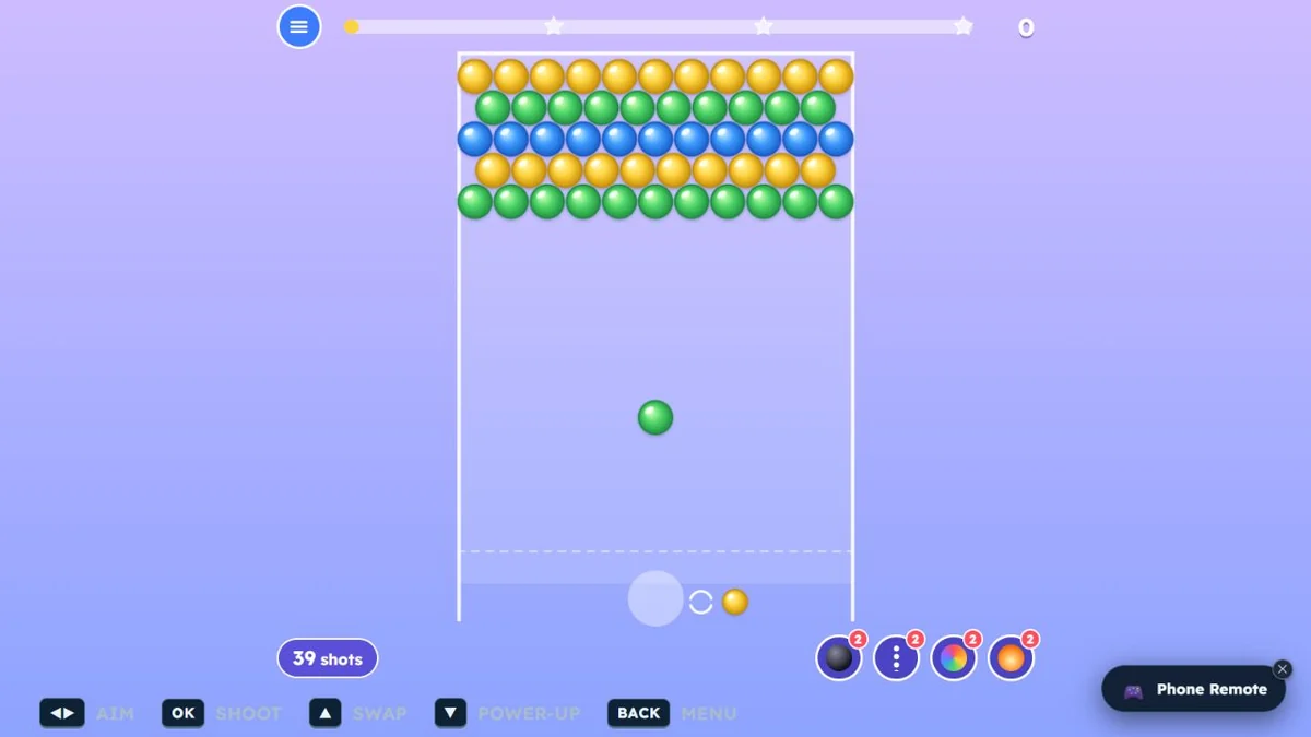 Actual Bubble Pop first level with coloured bubble rows, launcher, shot counter and power-up buttons