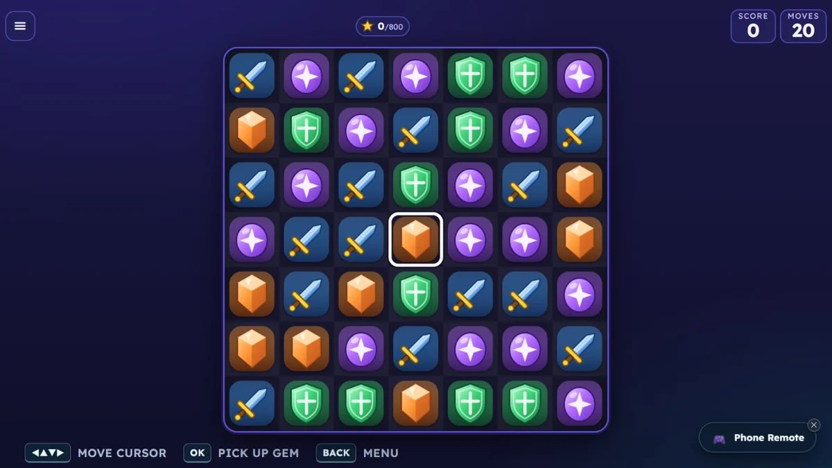 Actual Gem Clash level with a seven-by-seven board of coloured gems, swords and shields