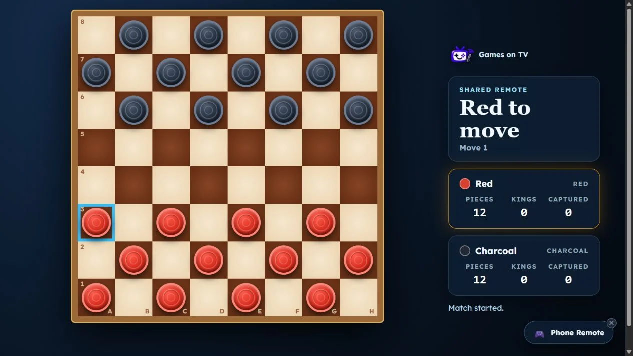 Actual TV Checkers game screen with the board, player turn and shared remote mode visible