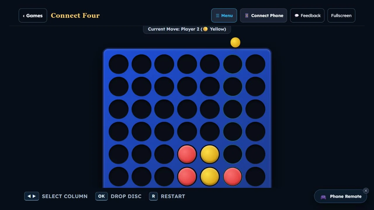 Actual Connect Four game screen with red and yellow pieces in a local two-player match