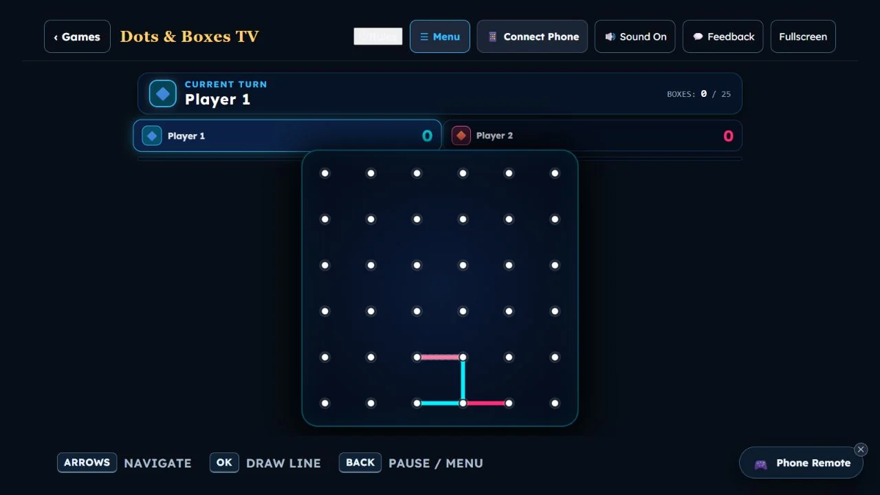 Actual Dots and Boxes game screen with a partly drawn grid and two-player score display